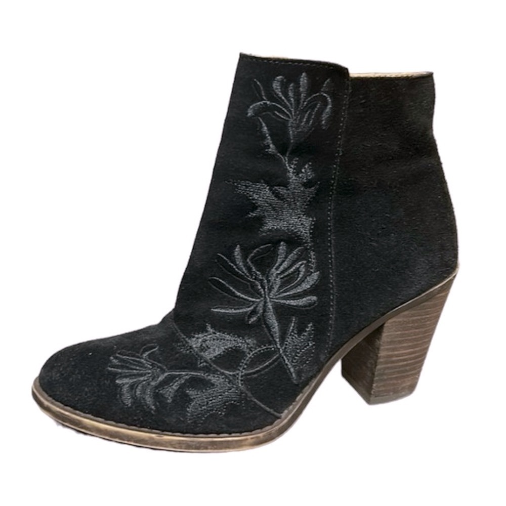 Lucky Brand Eleanor 2 Women's Black Suede Floral Embroidered Bootie 8M